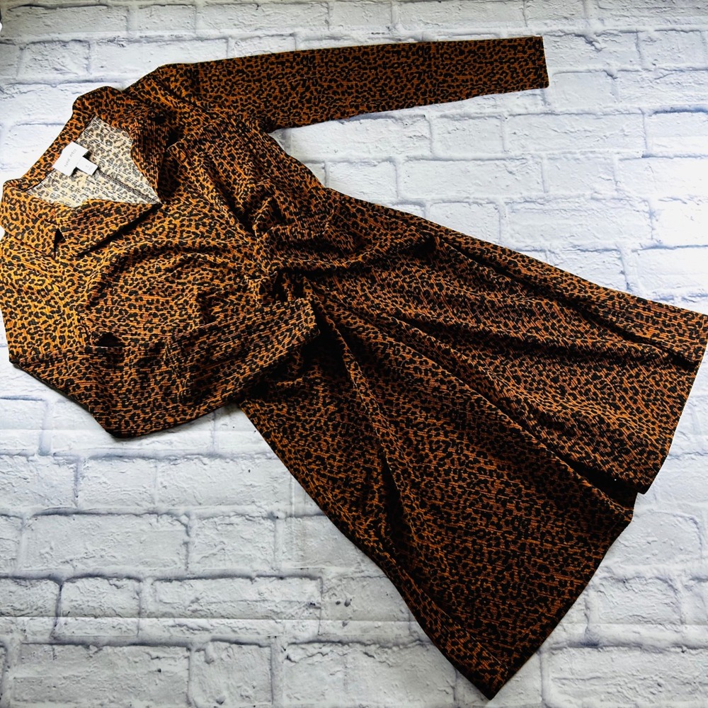 Nine West Leopard Print Twist Front Midi Dress Long Sleeve Brown Orange Small